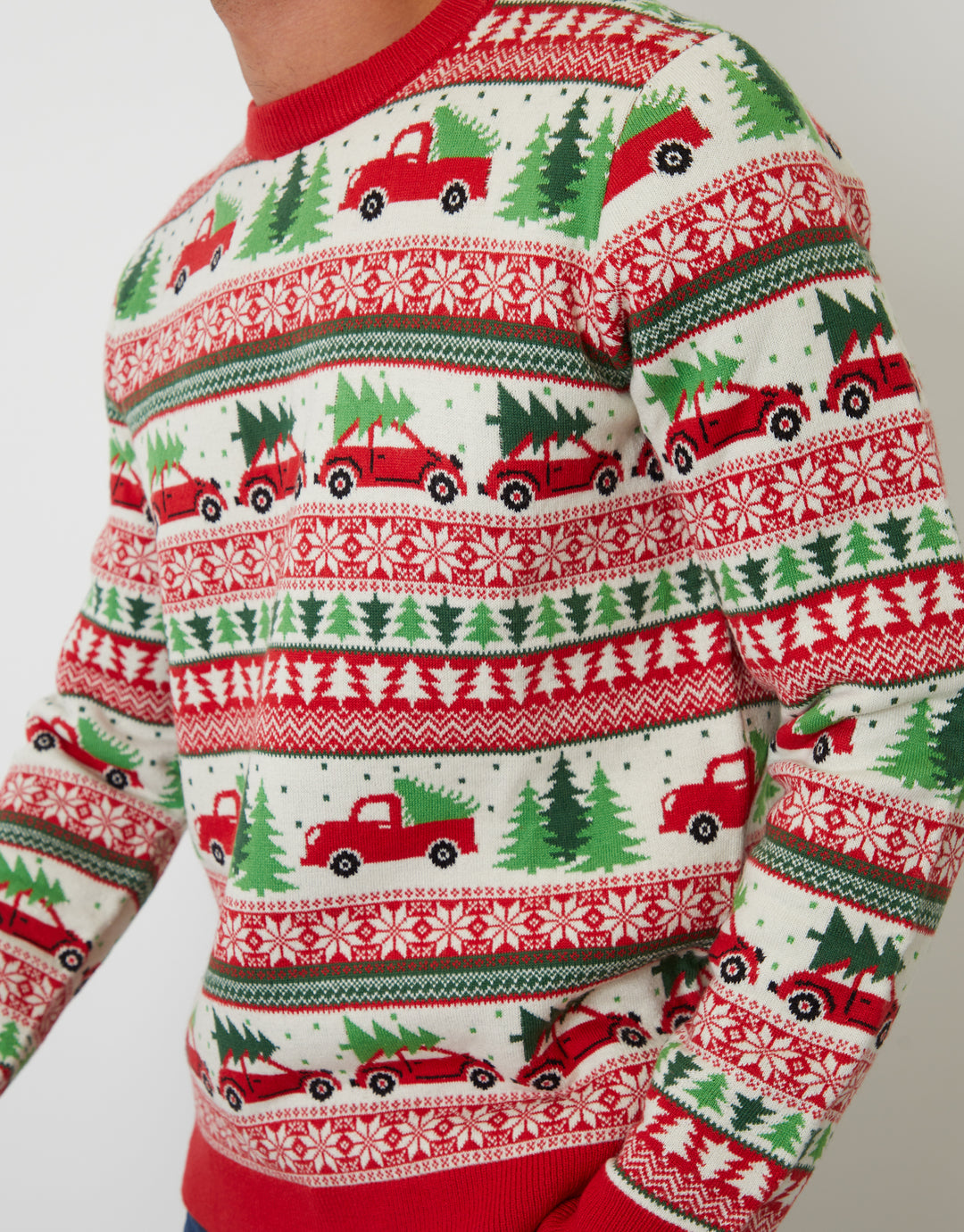 Red Christmas Car Fairisle Knitted Crew Neck Jumper
