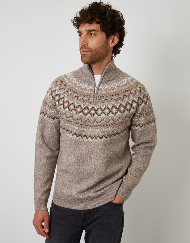 Taupe Fairisle Quarter Zip Knitted Jumper