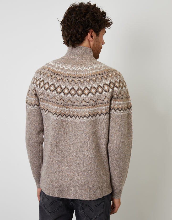 Taupe Fairisle Quarter Zip Knitted Jumper