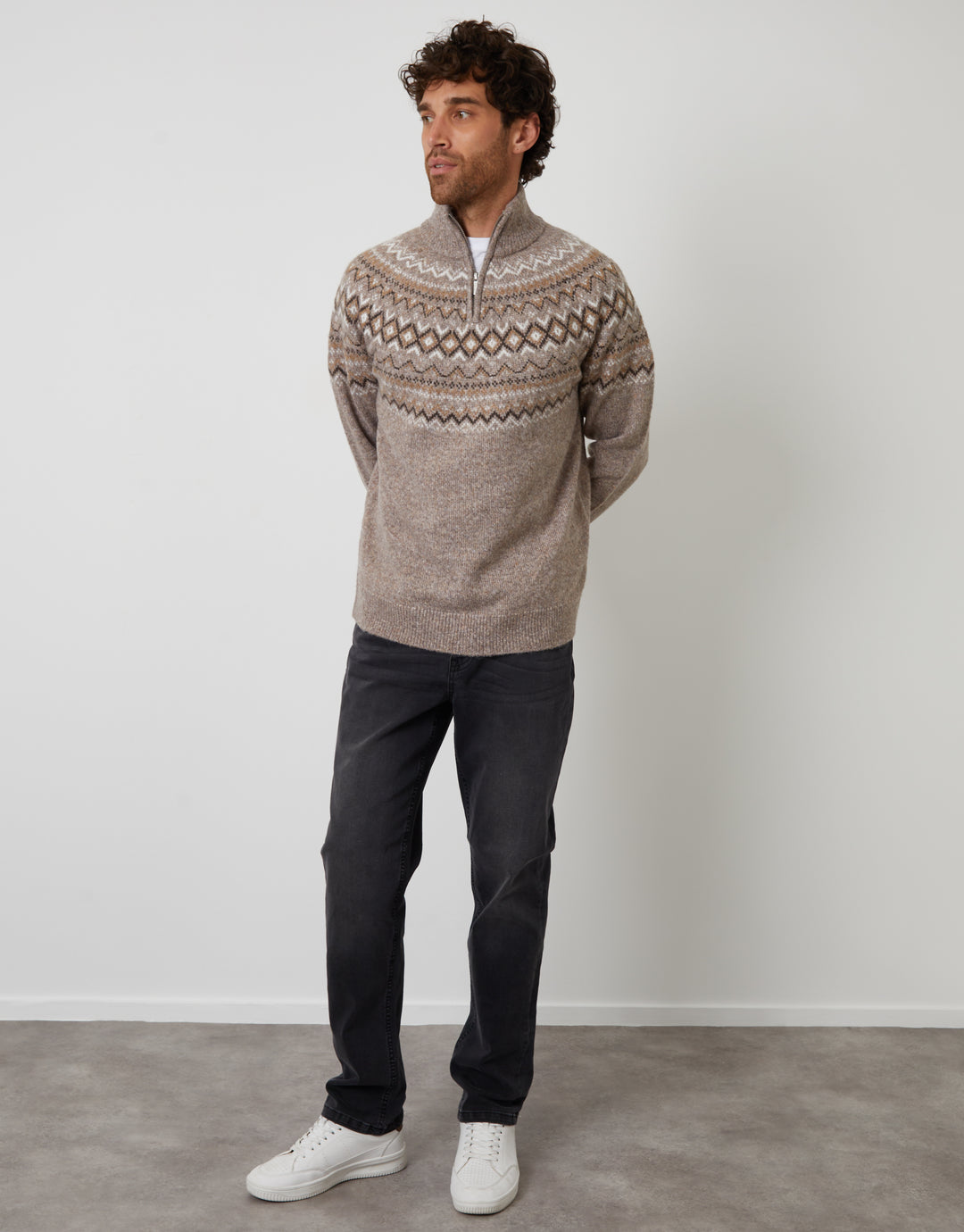 Taupe Fairisle Quarter Zip Knitted Jumper