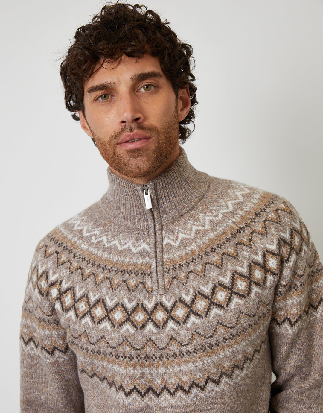 Taupe Fairisle Quarter Zip Knitted Jumper