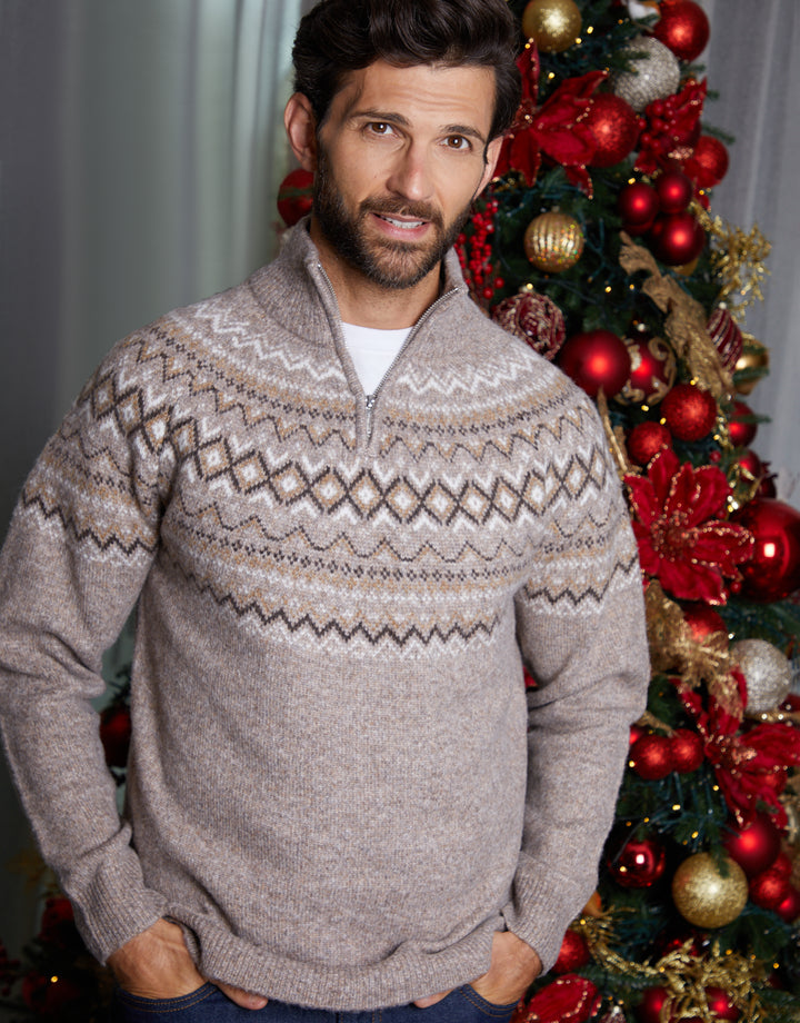 Taupe Fairisle Quarter Zip Knitted Jumper