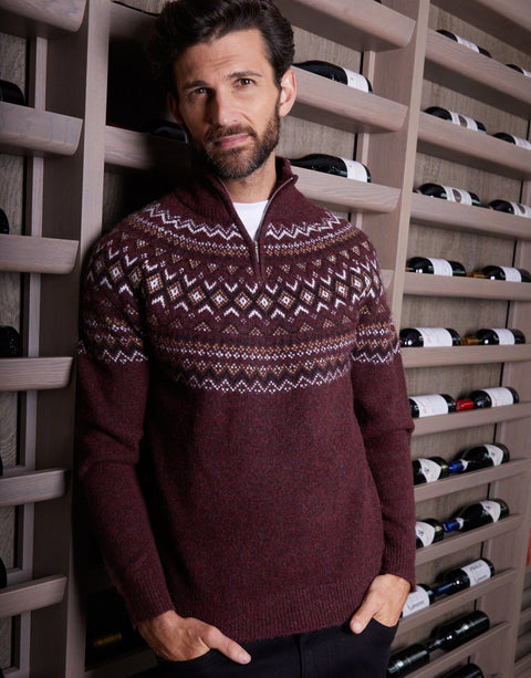 Threadbare Fairisle Quarter Zip Knitted Jumper in Burgundy - front view