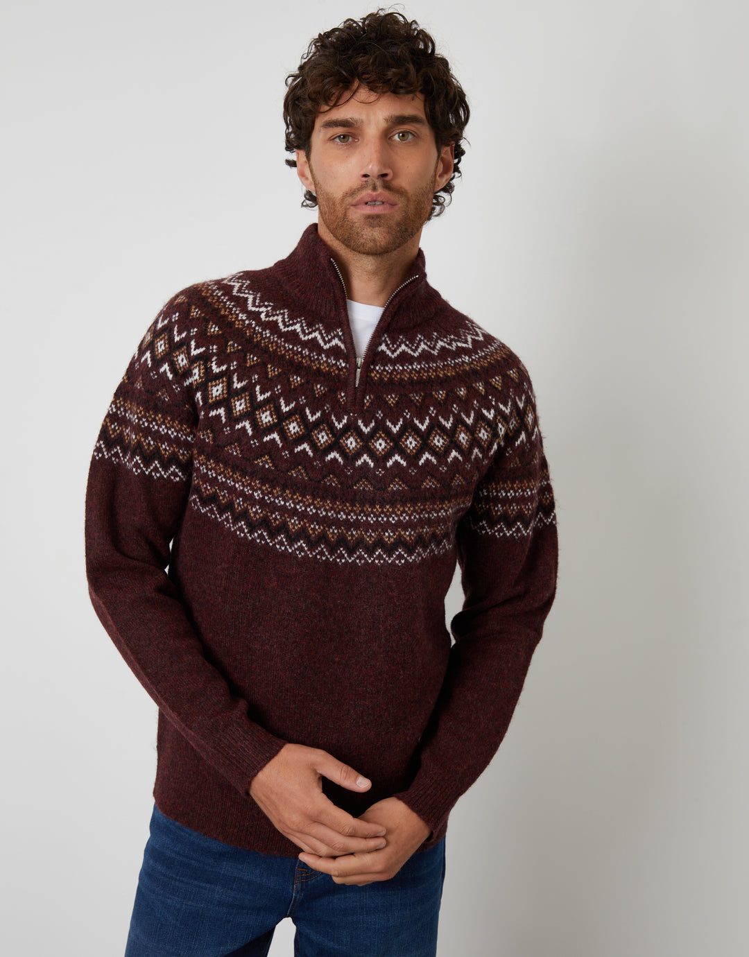 Burgundy Fairisle Quarter Zip Knitted Jumper