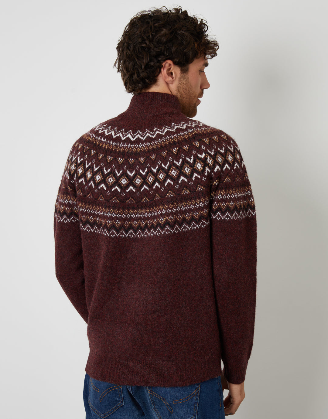 Burgundy Fairisle Quarter Zip Knitted Jumper