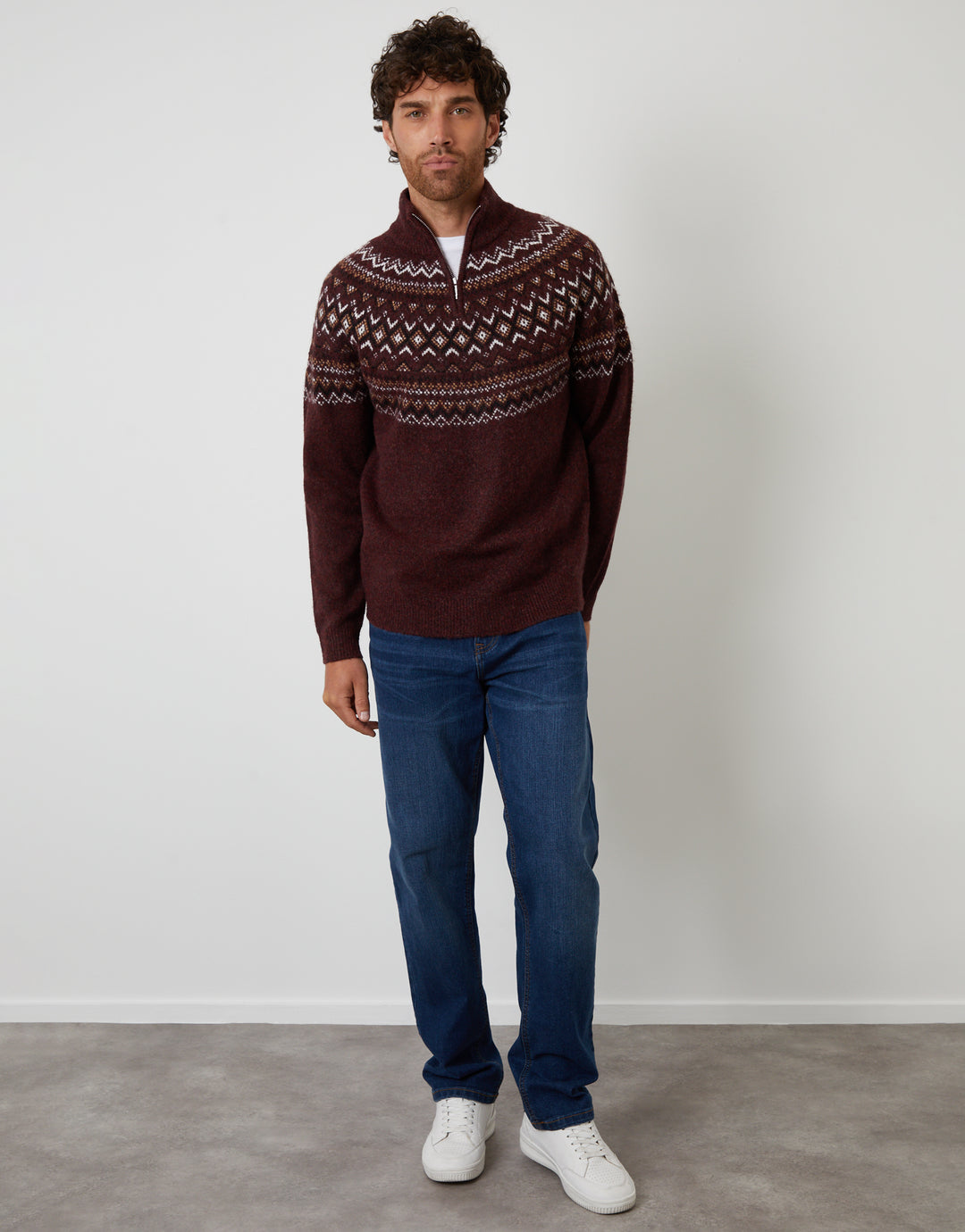 Burgundy Fairisle Quarter Zip Knitted Jumper