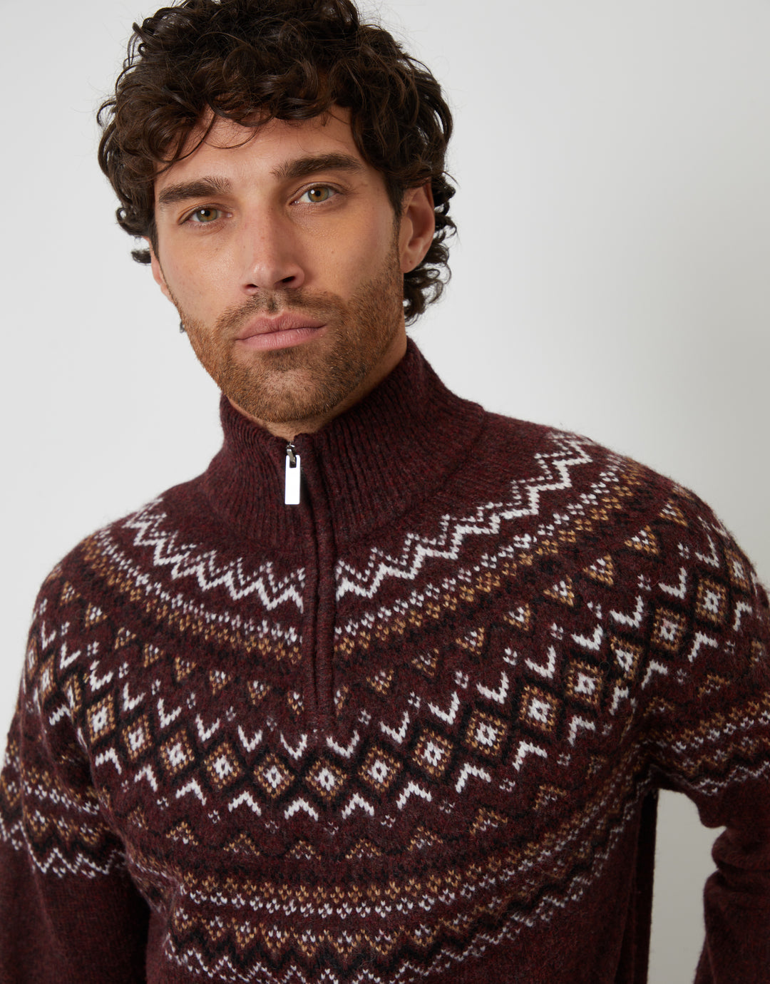 Burgundy Fairisle Quarter Zip Knitted Jumper