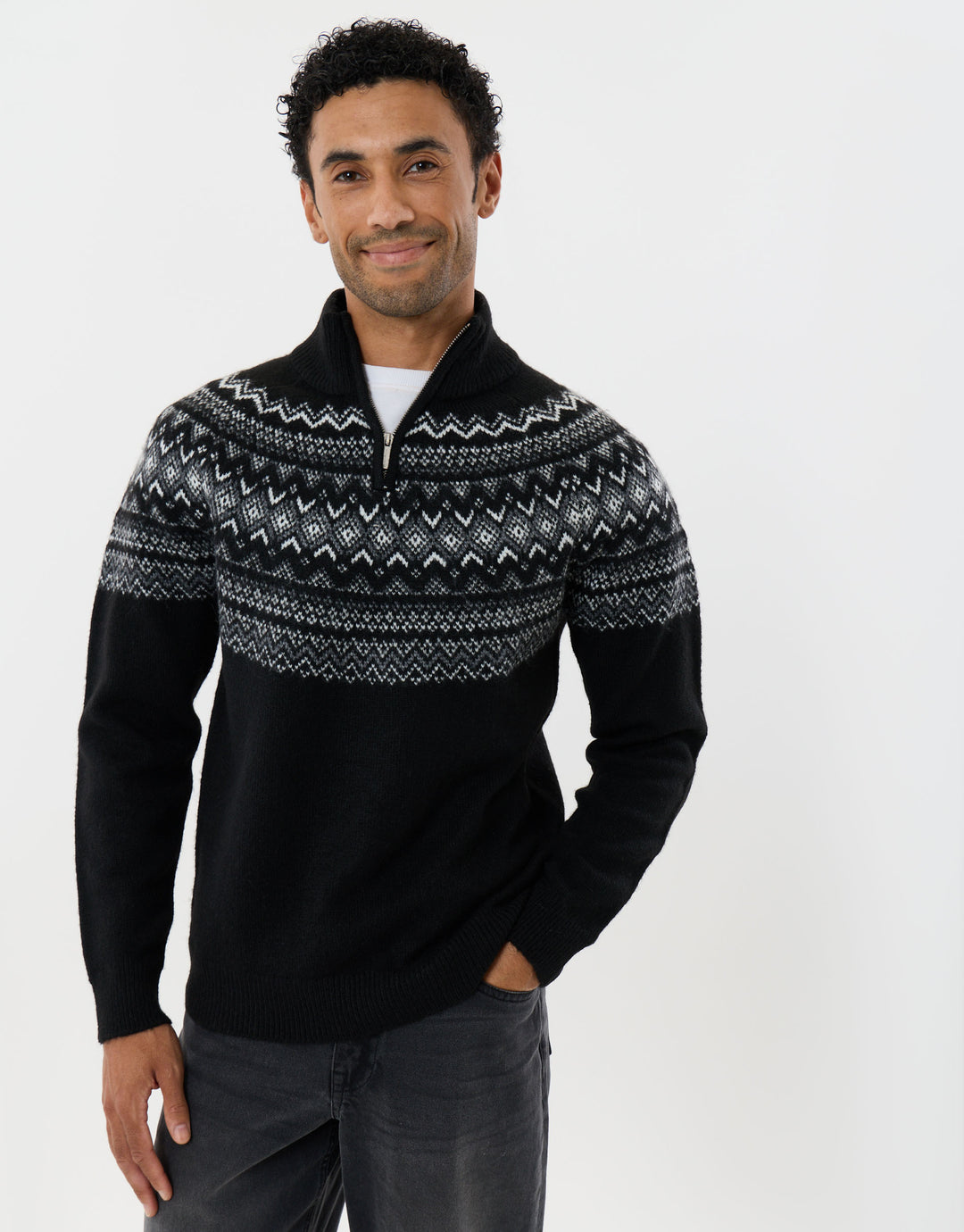 Fairisle Quarter Zip Knitted Jumper in Black