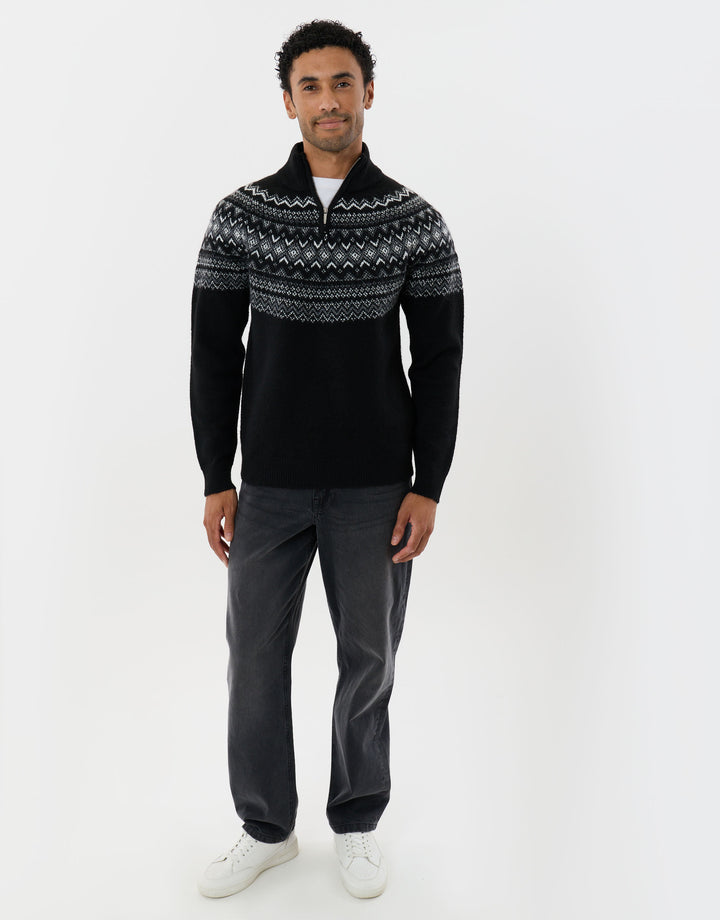 Fairisle Quarter Zip Knitted Jumper in Black