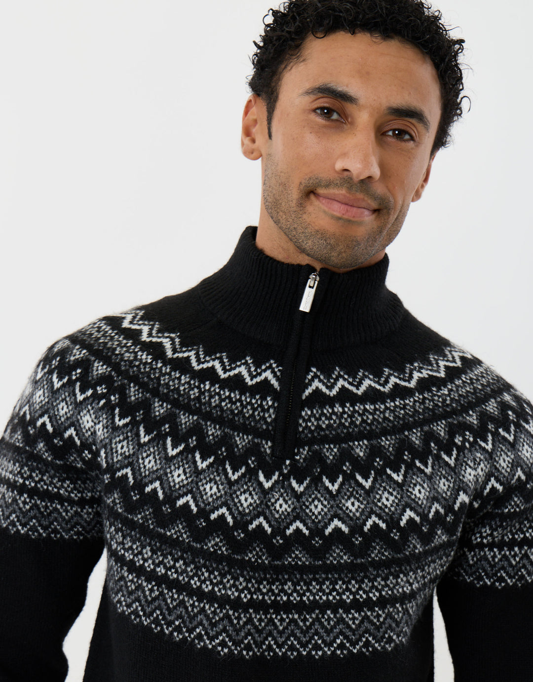 Fairisle Quarter Zip Knitted Jumper in Black