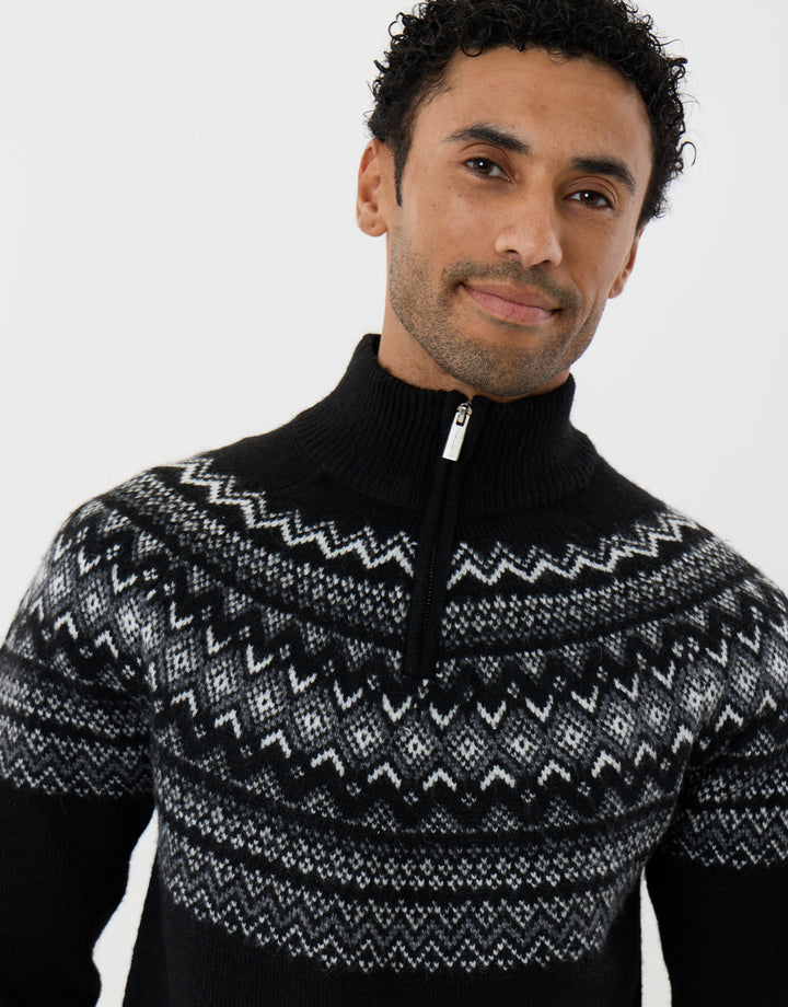 Fairisle Quarter Zip Knitted Jumper in Black