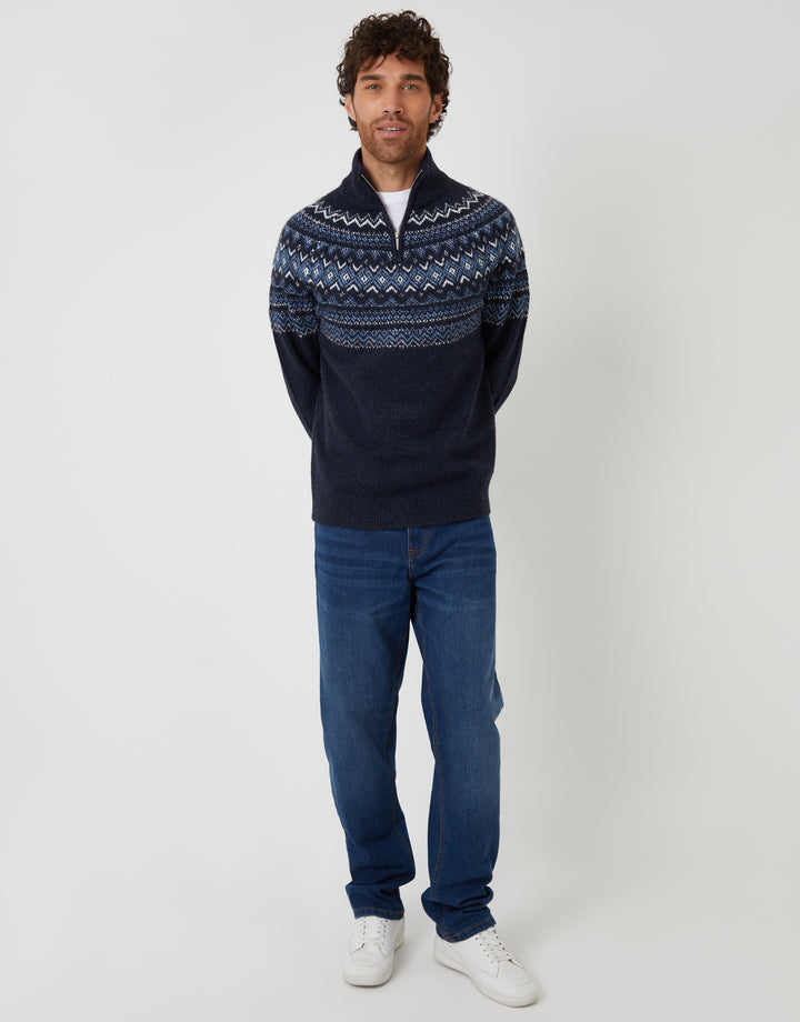 Navy Fairisle Quarter Zip Knitted Jumper