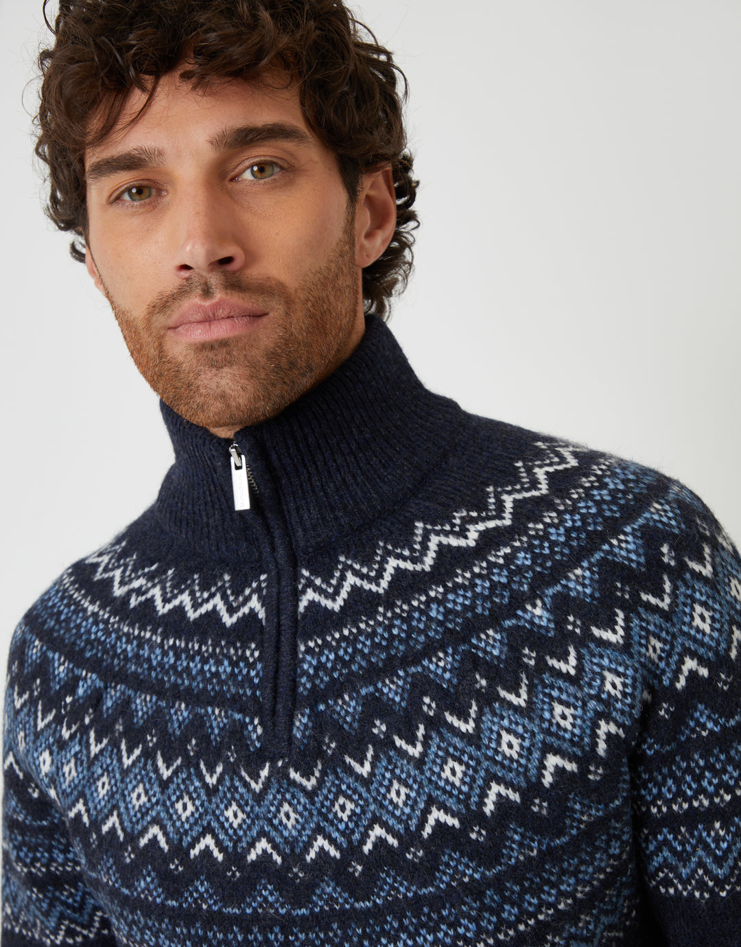 Navy Fairisle Quarter Zip Knitted Jumper
