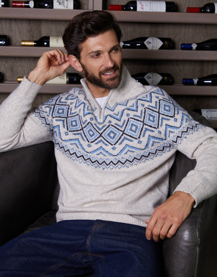 Ecru Fairisle Quarter Zip Knitted Jumper
