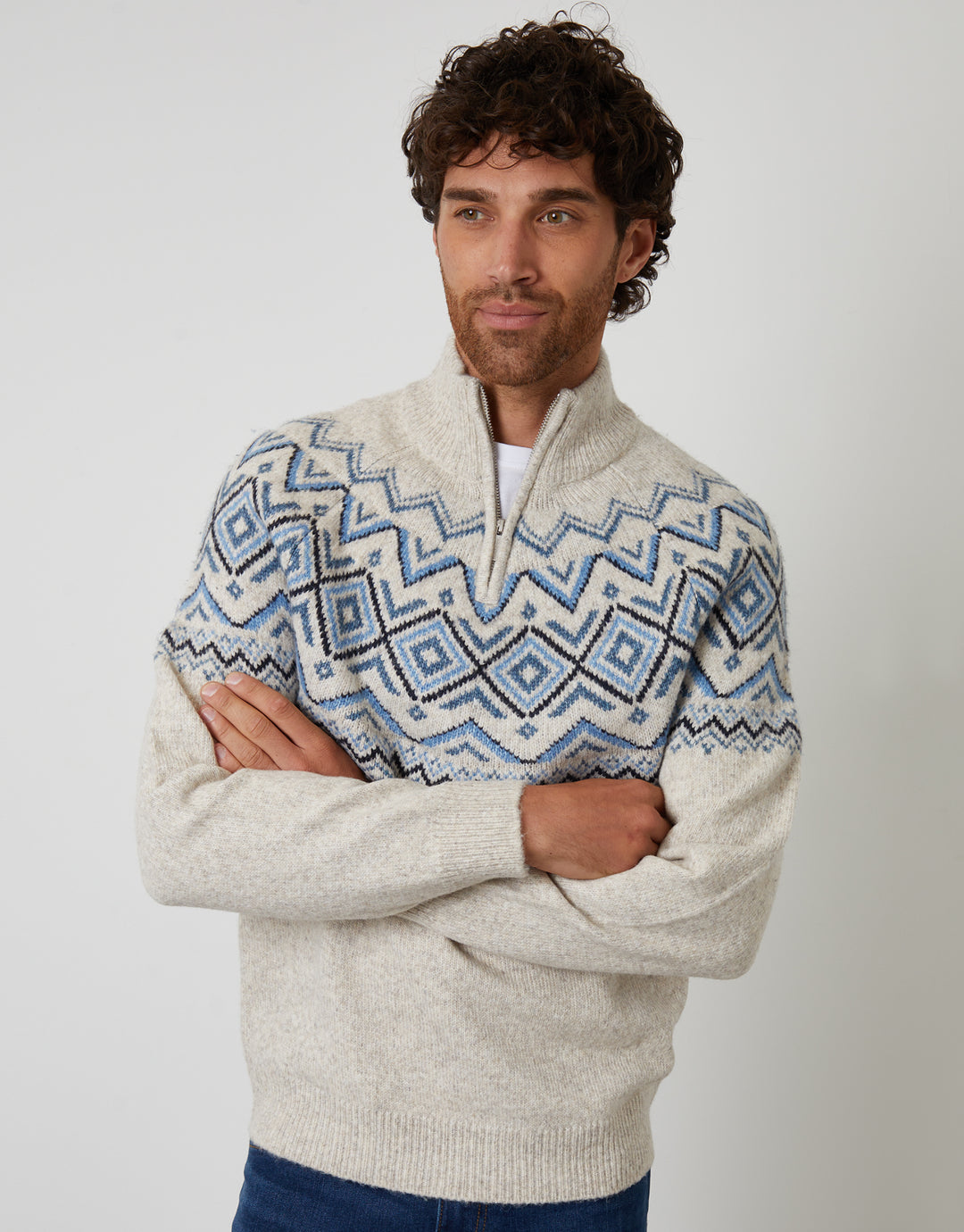 Ecru Fairisle Quarter Zip Knitted Jumper