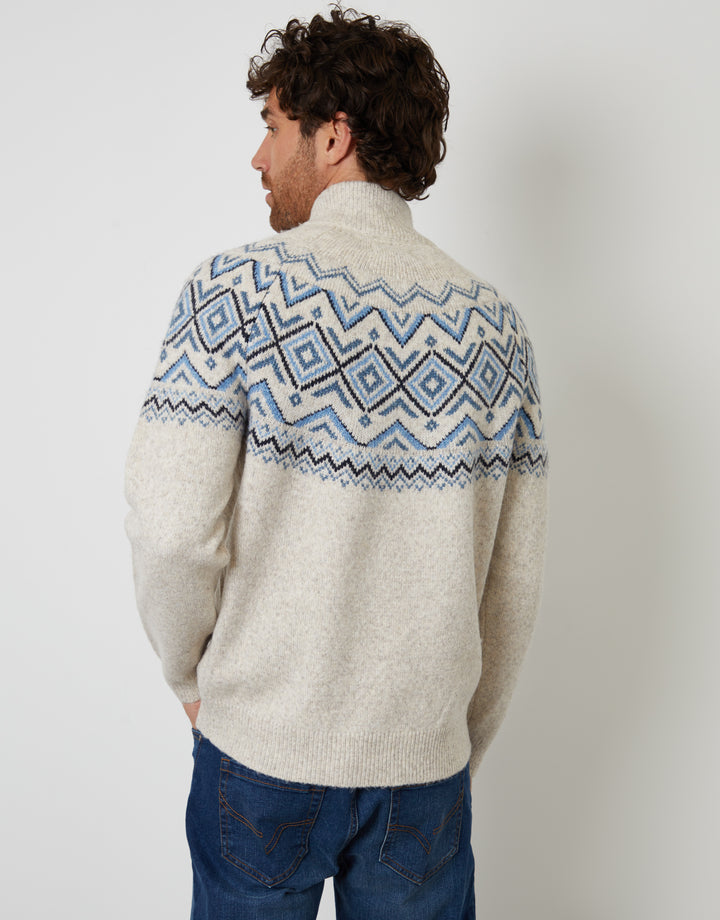 Ecru Fairisle Quarter Zip Knitted Jumper