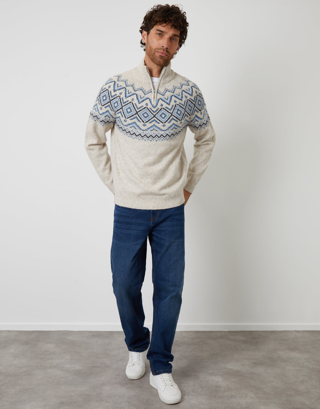 Ecru Fairisle Quarter Zip Knitted Jumper
