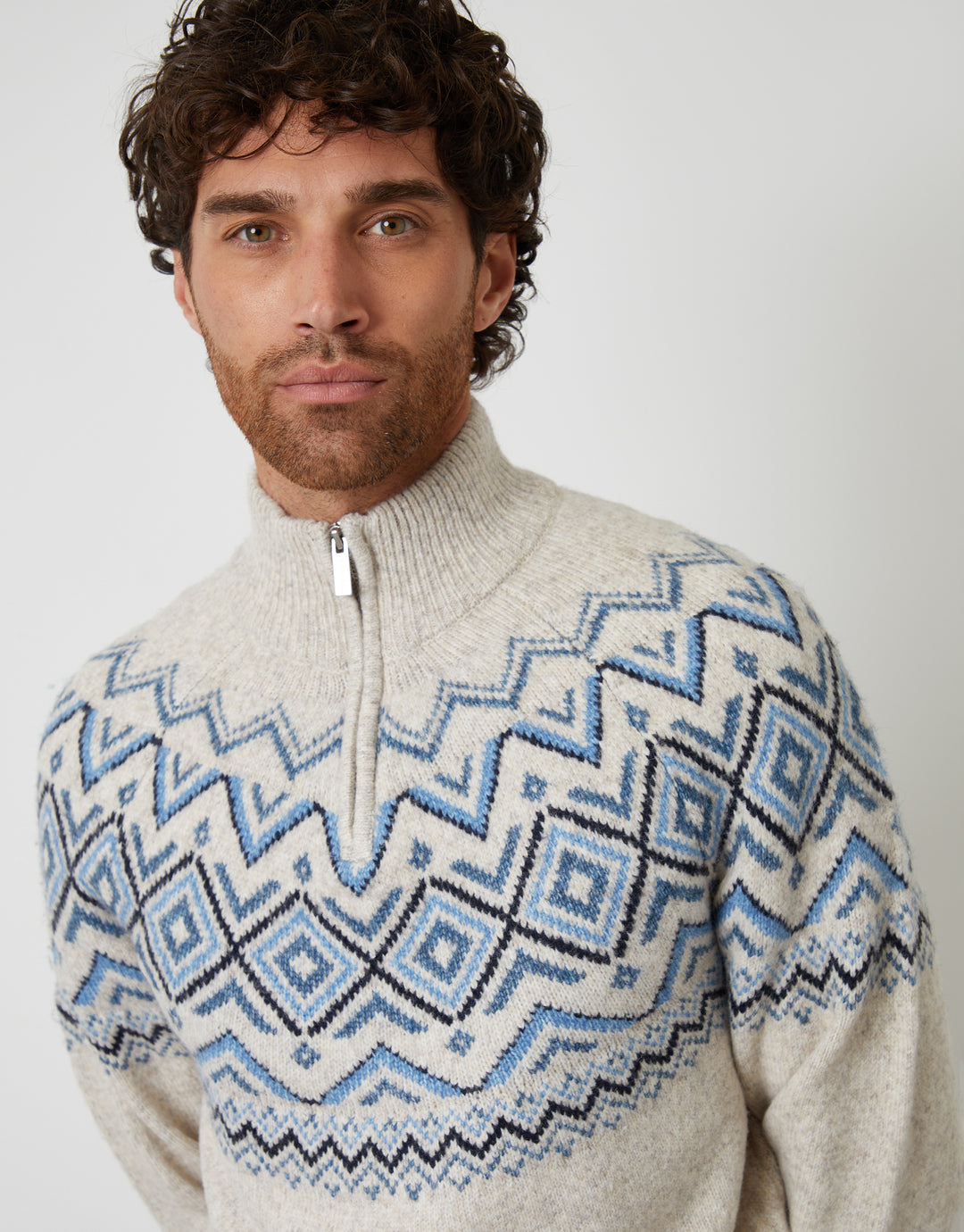 Ecru Fairisle Quarter Zip Knitted Jumper