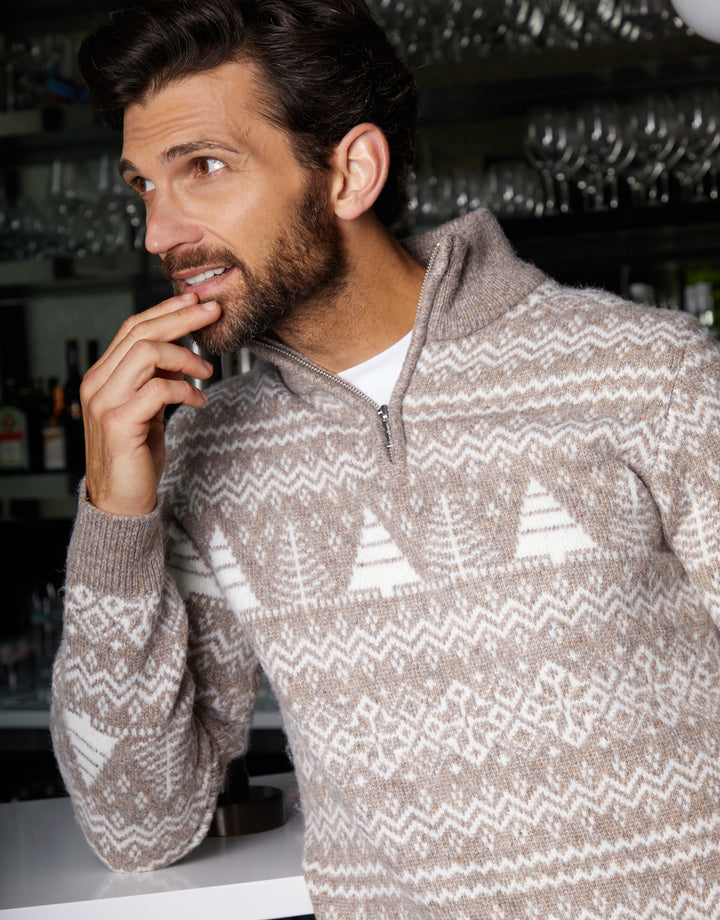 Taupe Fairisle Quarter Zip Jumper