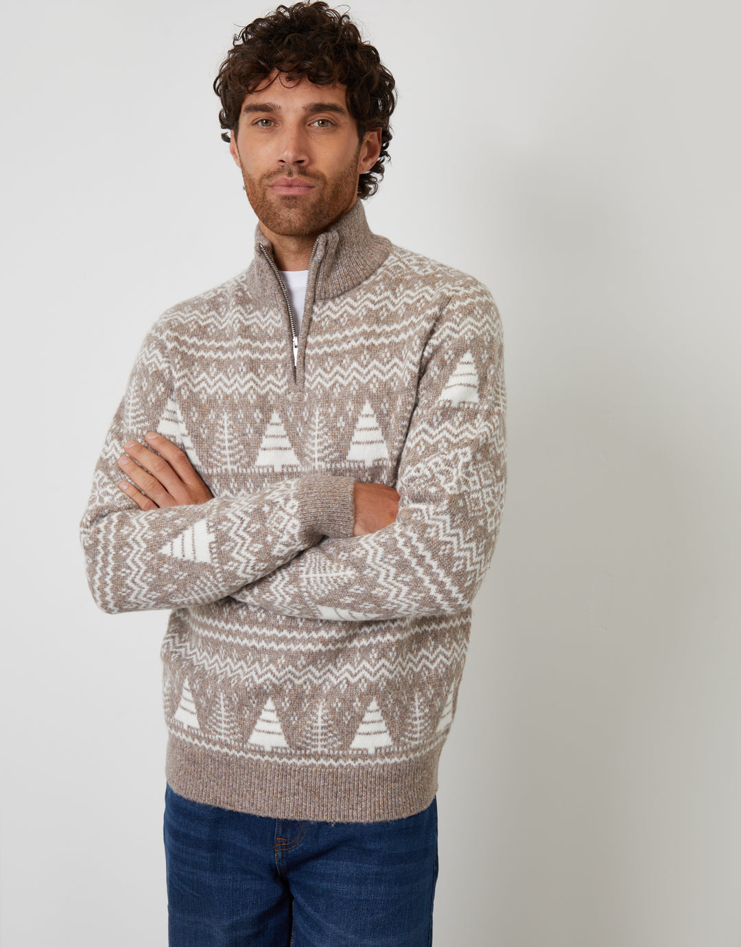 Taupe Fairisle Quarter Zip Jumper