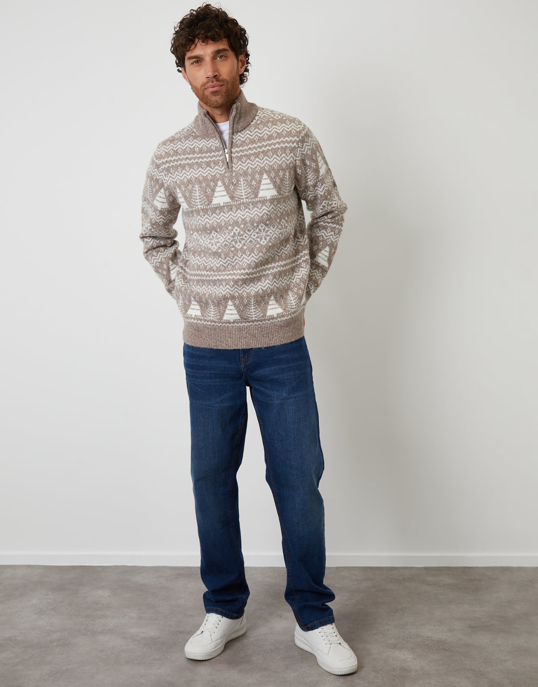 Taupe Fairisle Quarter Zip Jumper