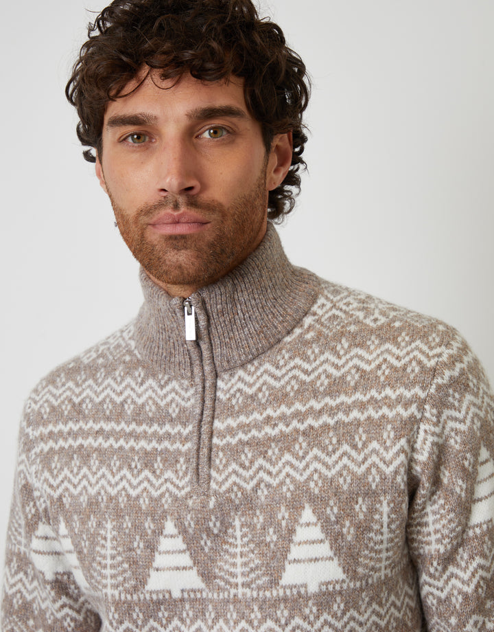 Taupe Fairisle Quarter Zip Jumper