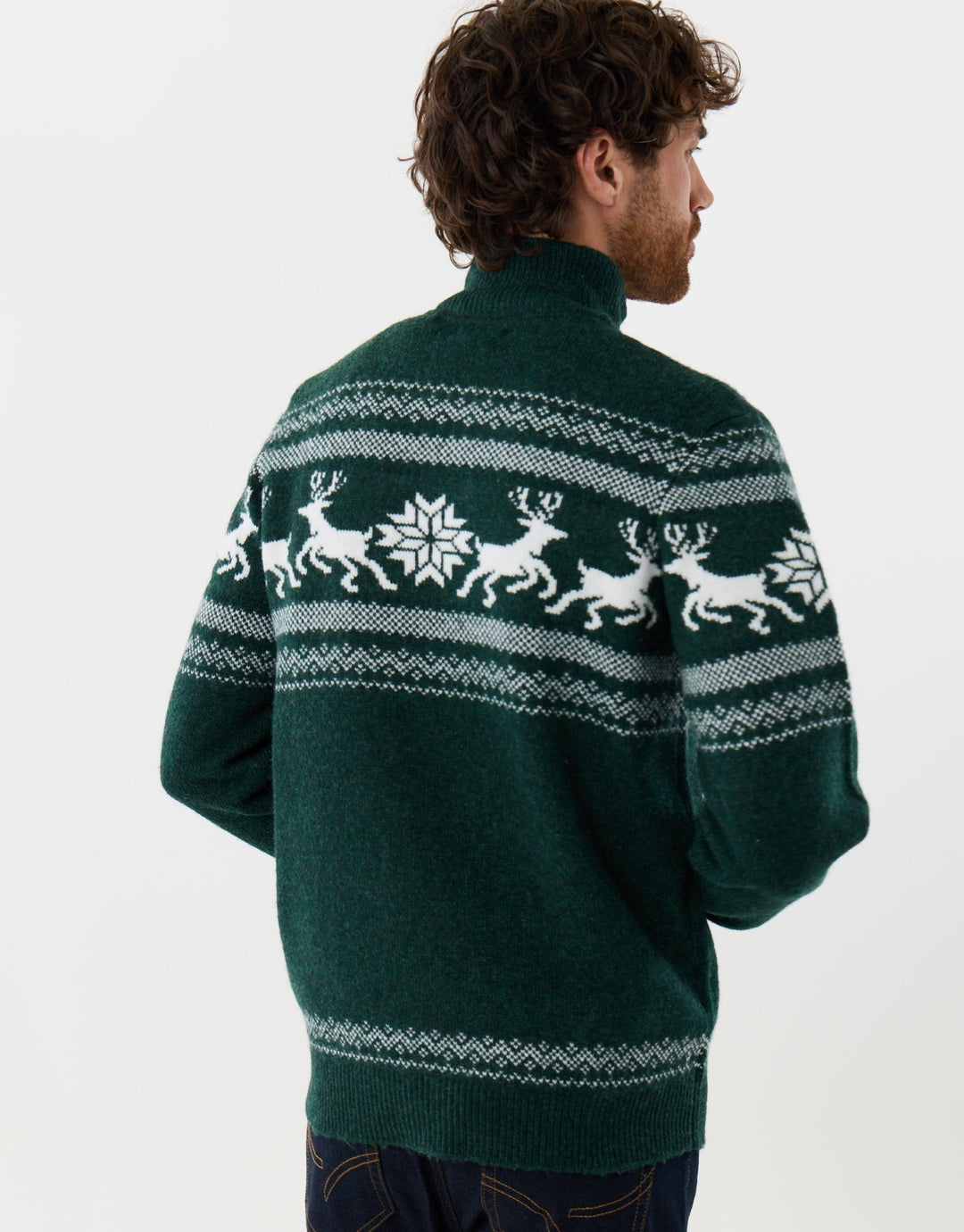 Reindeer Fairisle Christmas Jumper in Forest Green