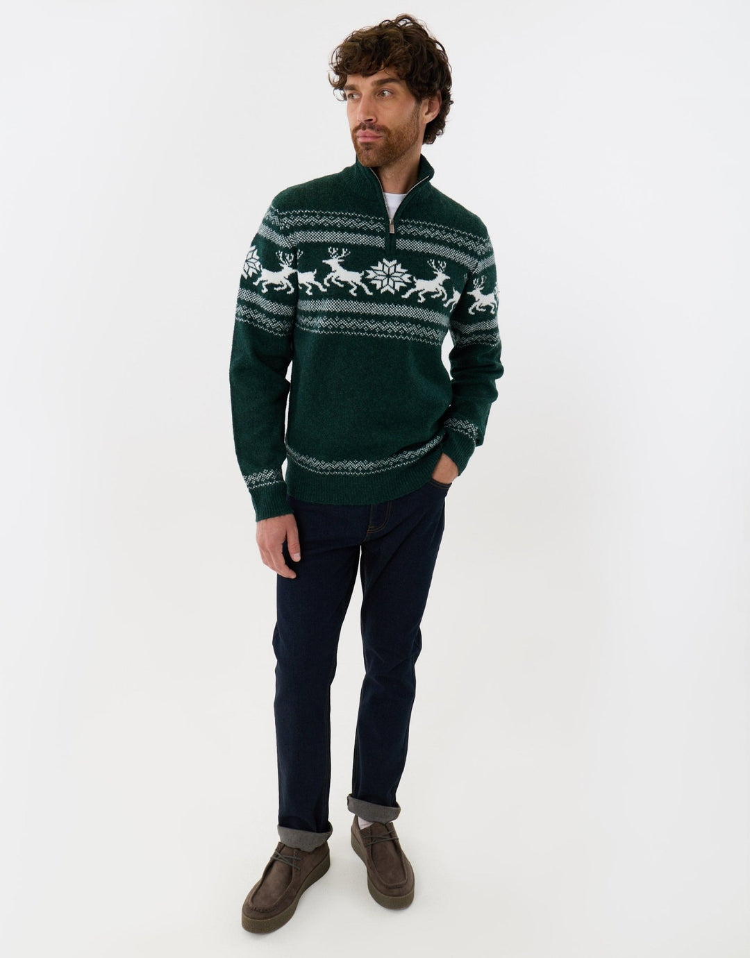 Reindeer Fairisle Christmas Jumper in Forest Green