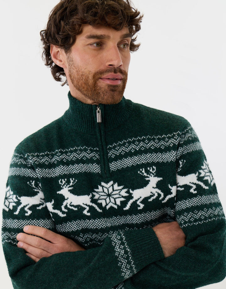 Reindeer Fairisle Christmas Jumper in Forest Green