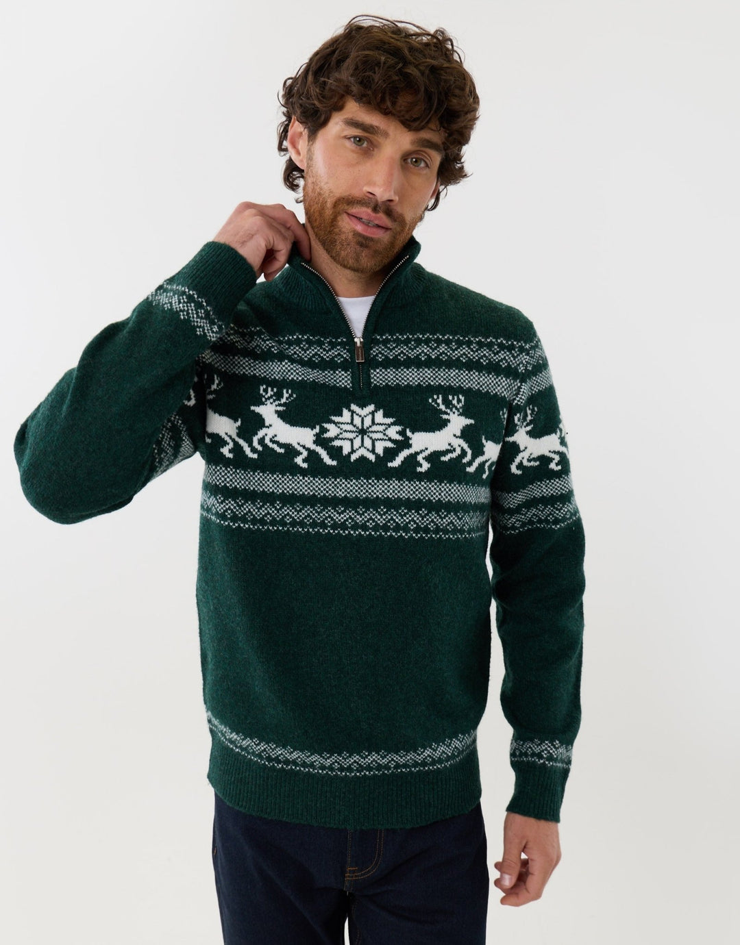 Reindeer Fairisle Christmas Jumper in Forest Green