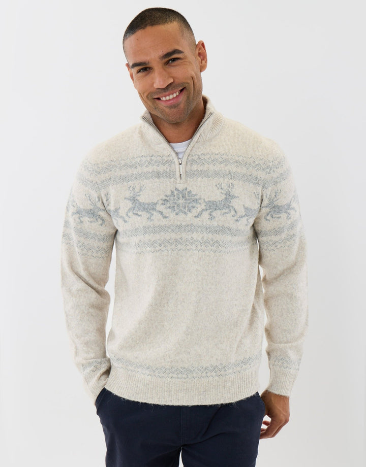 Reindeer Fairisle Quarter Zip Christmas Jumper in Ecru