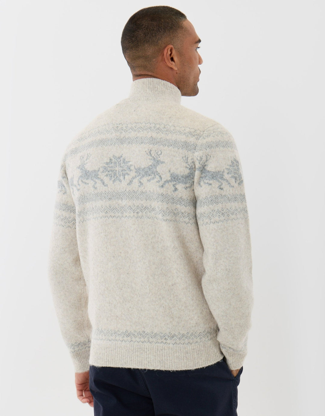 Reindeer Fairisle Quarter Zip Christmas Jumper in Ecru