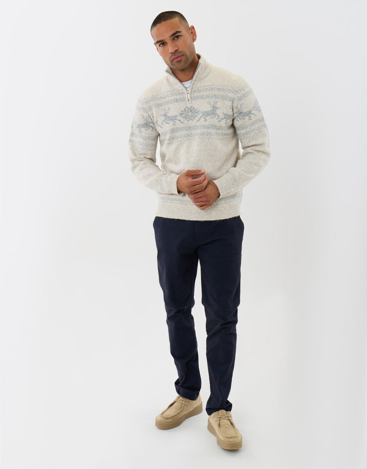 Reindeer Fairisle Quarter Zip Christmas Jumper in Ecru
