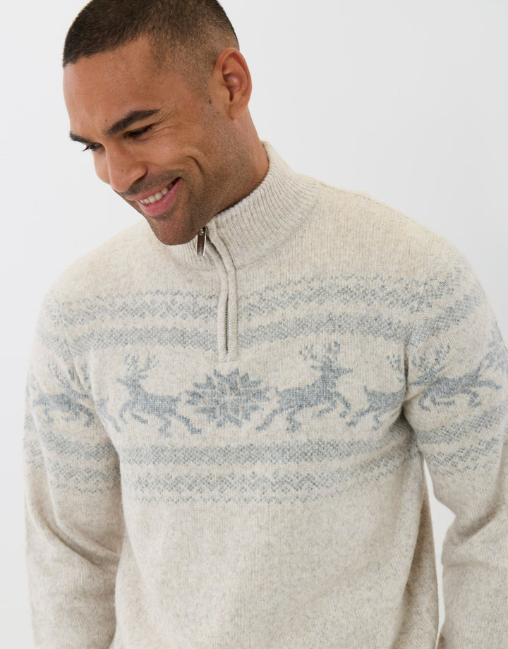 Reindeer Fairisle Quarter Zip Christmas Jumper in Ecru