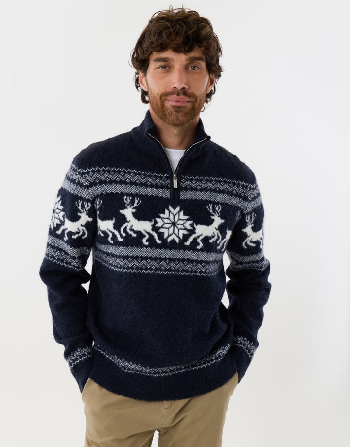 Fairisle Knitted Quarter Zip Christmas Jumper in Navy Marl