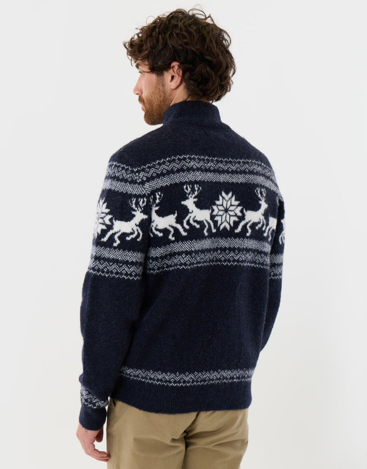 Fairisle Knitted Quarter Zip Christmas Jumper in Navy Marl