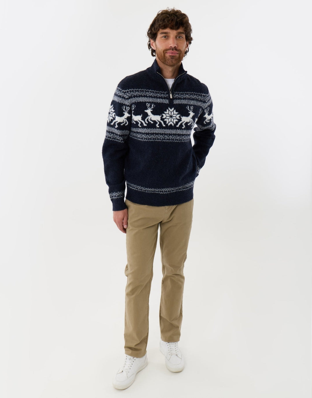 Fairisle Knitted Quarter Zip Christmas Jumper in Navy Marl