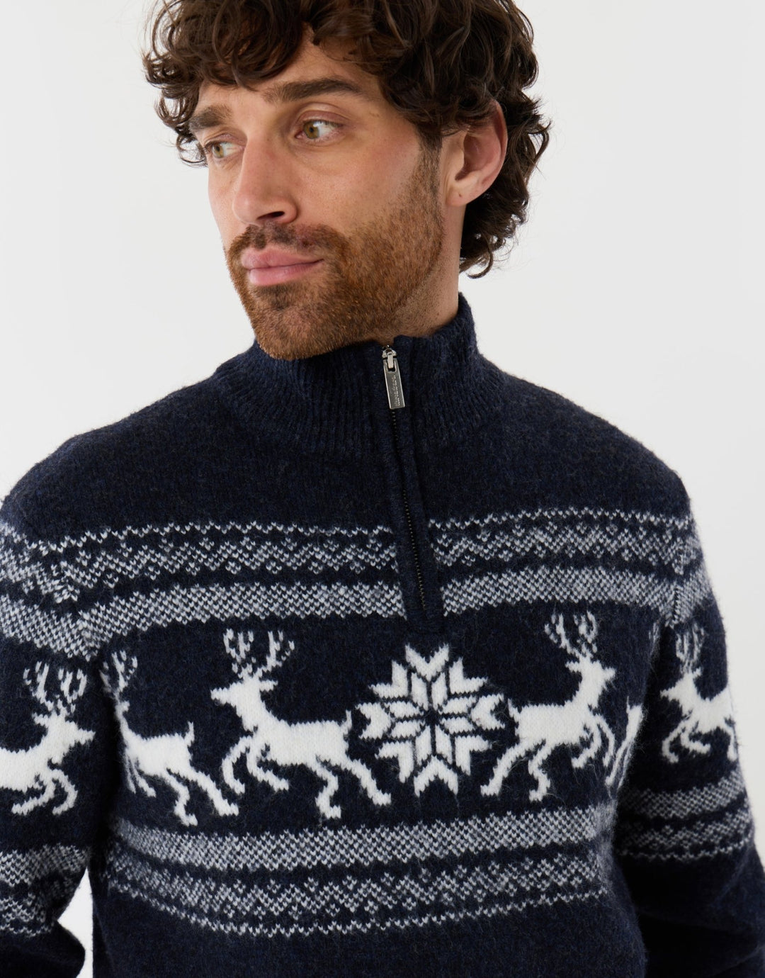 Fairisle Knitted Quarter Zip Christmas Jumper in Navy Marl
