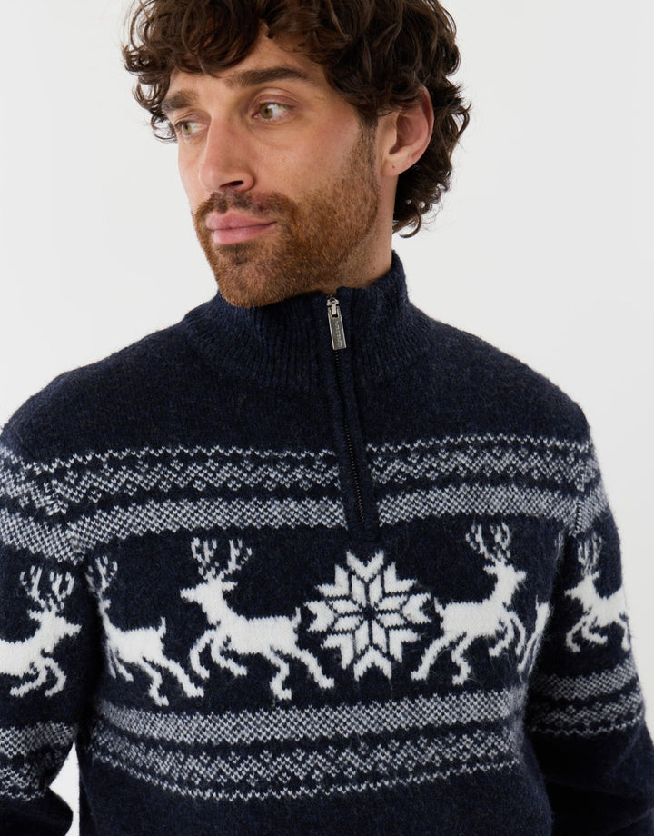 Fairisle Knitted Quarter Zip Christmas Jumper in Navy Marl