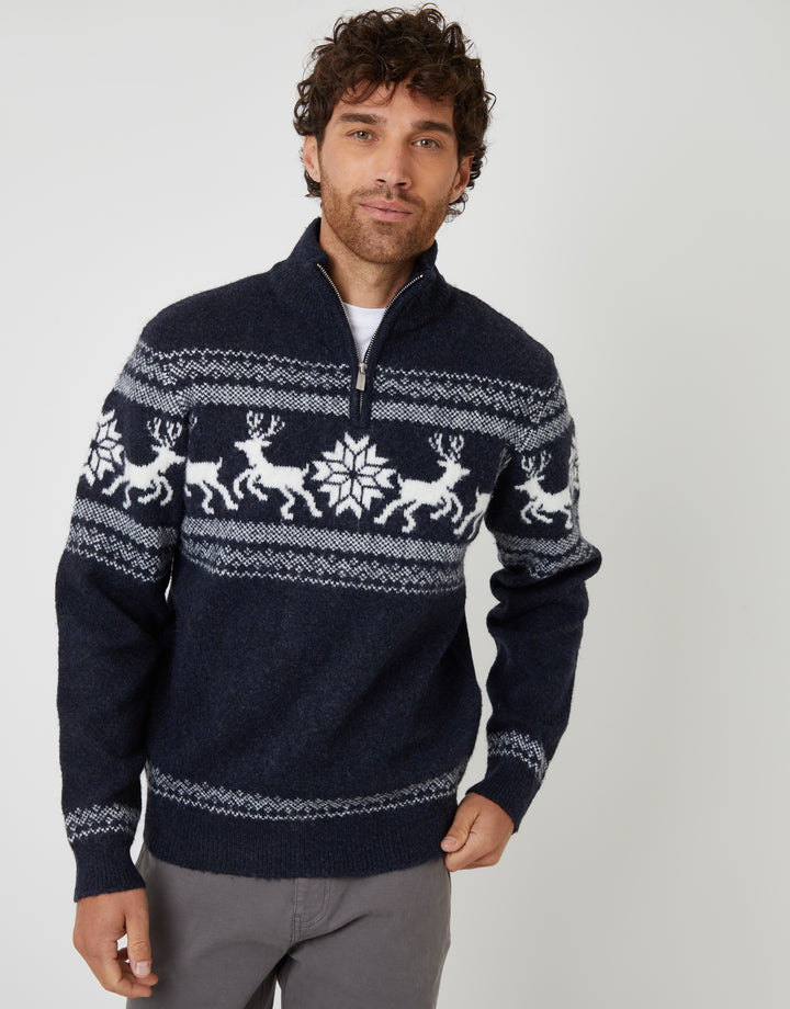 Navy Marl Fairisle Knitted Quarter Zip Christmas Jumper