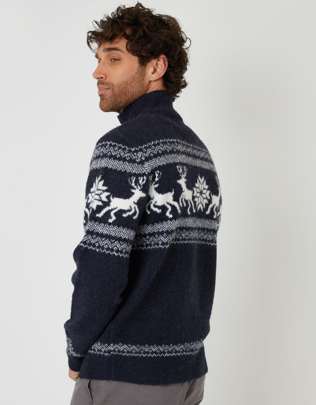 Navy Marl Fairisle Knitted Quarter Zip Christmas Jumper
