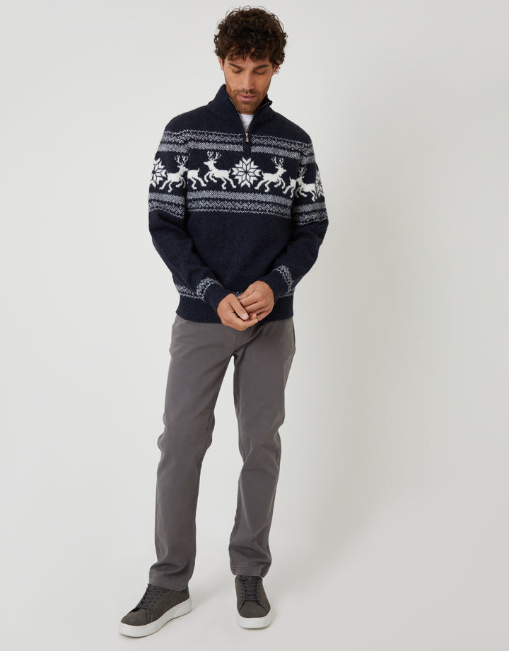 Navy Marl Fairisle Knitted Quarter Zip Christmas Jumper