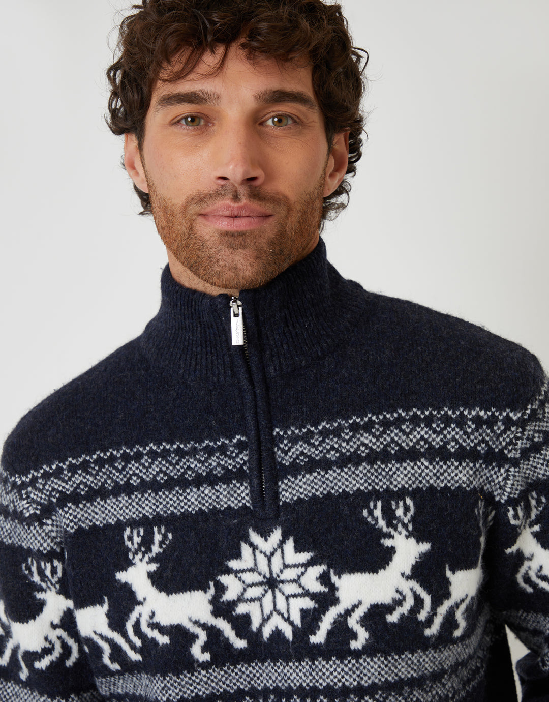 Navy Marl Fairisle Knitted Quarter Zip Christmas Jumper