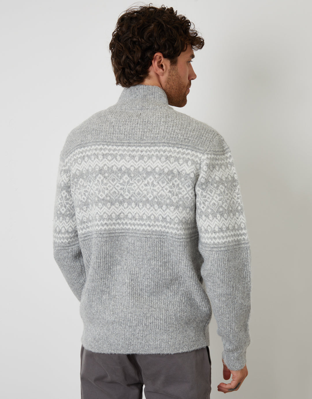 Grey Textured Knitted Fairisle Quarter Zip Jumper