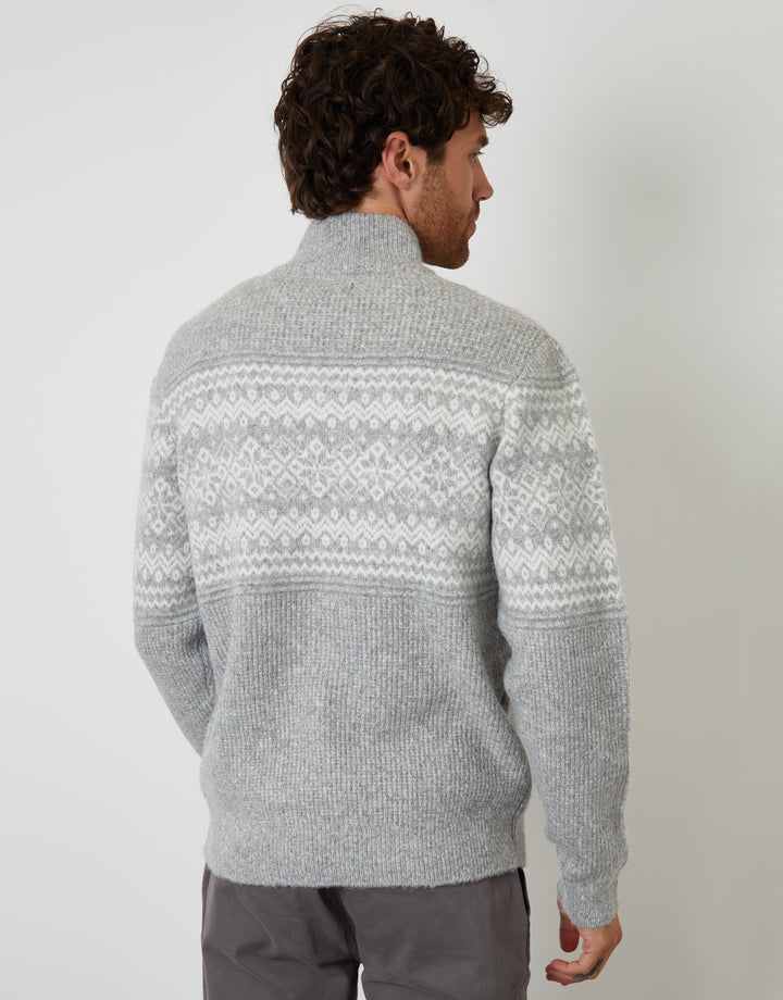 Grey Textured Knitted Fairisle Quarter Zip Jumper