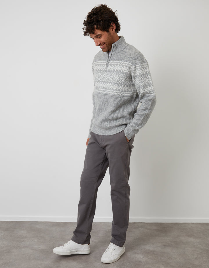 Grey Textured Knitted Fairisle Quarter Zip Jumper