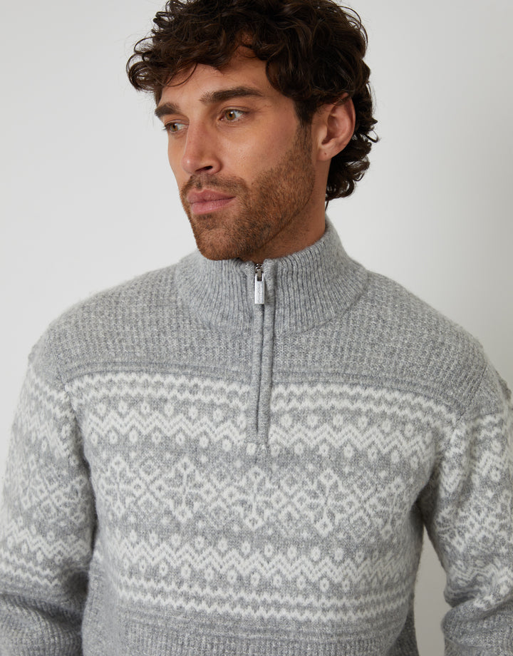 Grey Textured Knitted Fairisle Quarter Zip Jumper