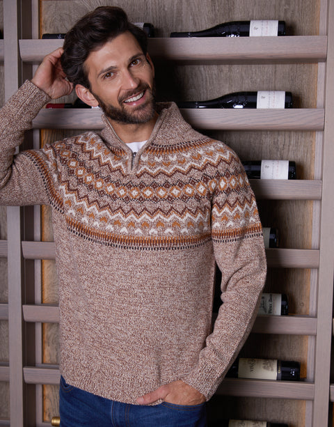 Threadbare Fairisle Knitted Quarter Zip Jumper in Taupe - front view