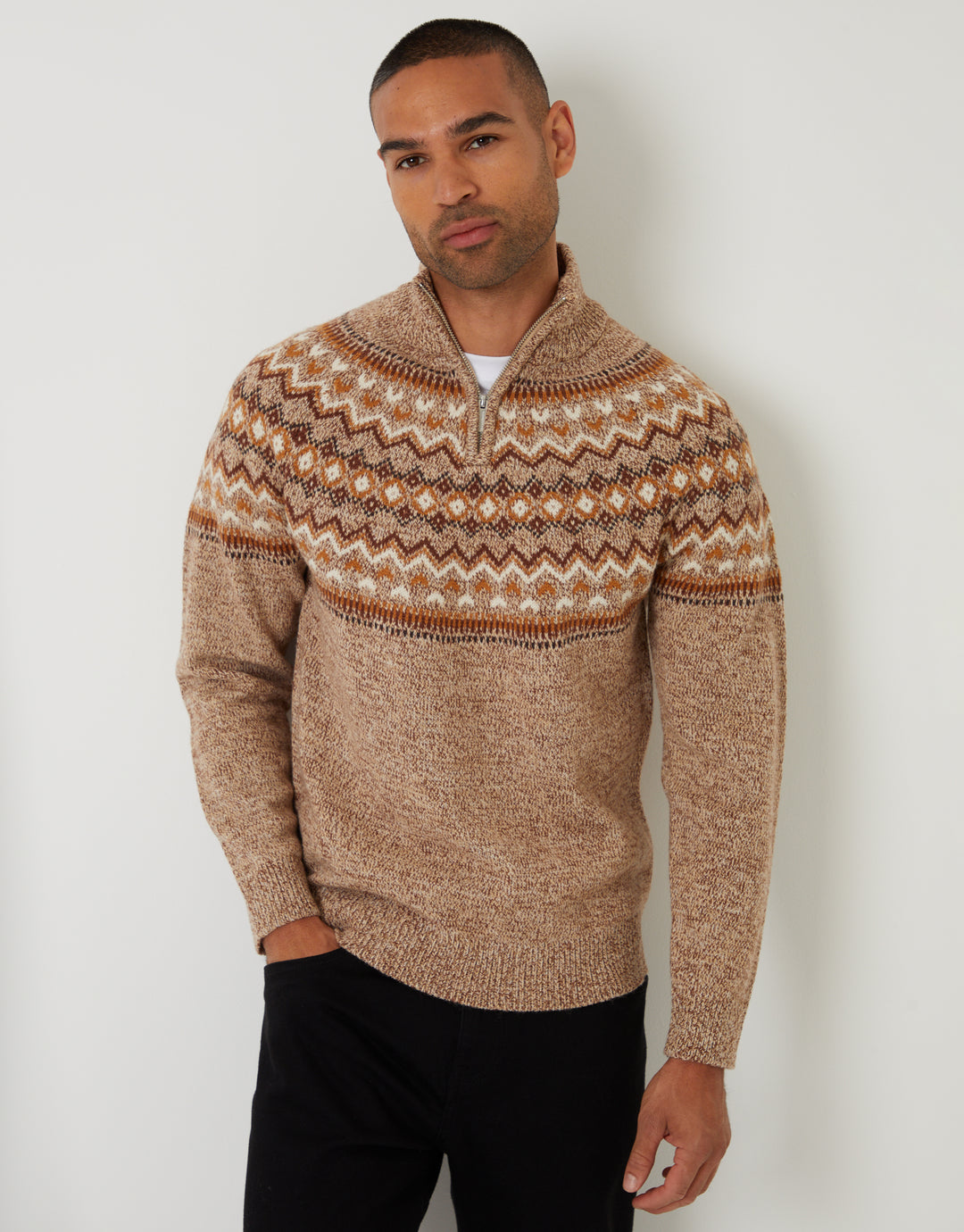 Taupe Fairisle Knitted Quarter Zip Jumper