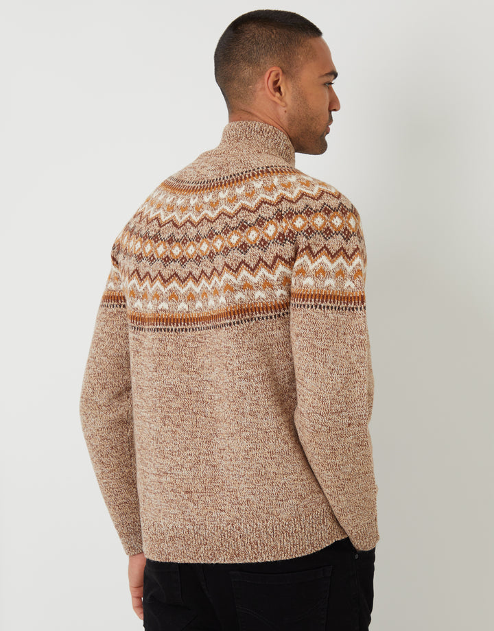Taupe Fairisle Knitted Quarter Zip Jumper